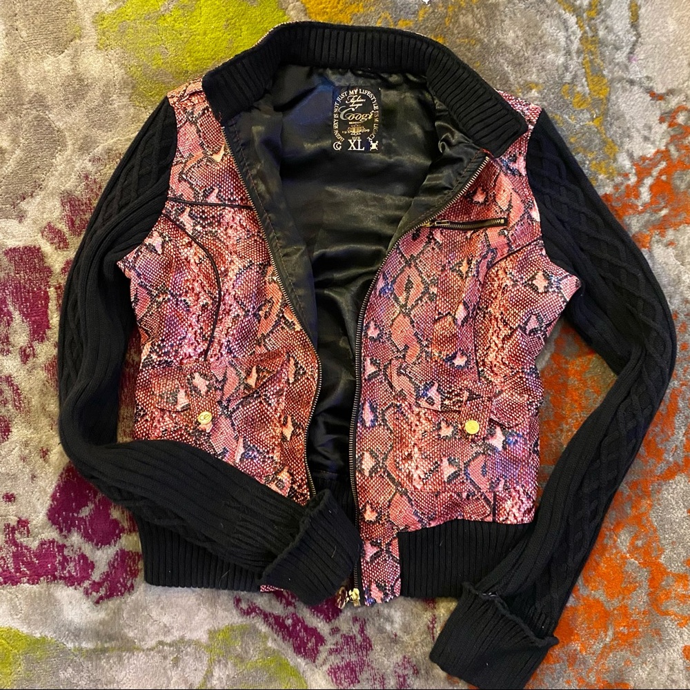 COOGI Faux Snakeskin Red and Black Zip Front Jacket, Junior XL